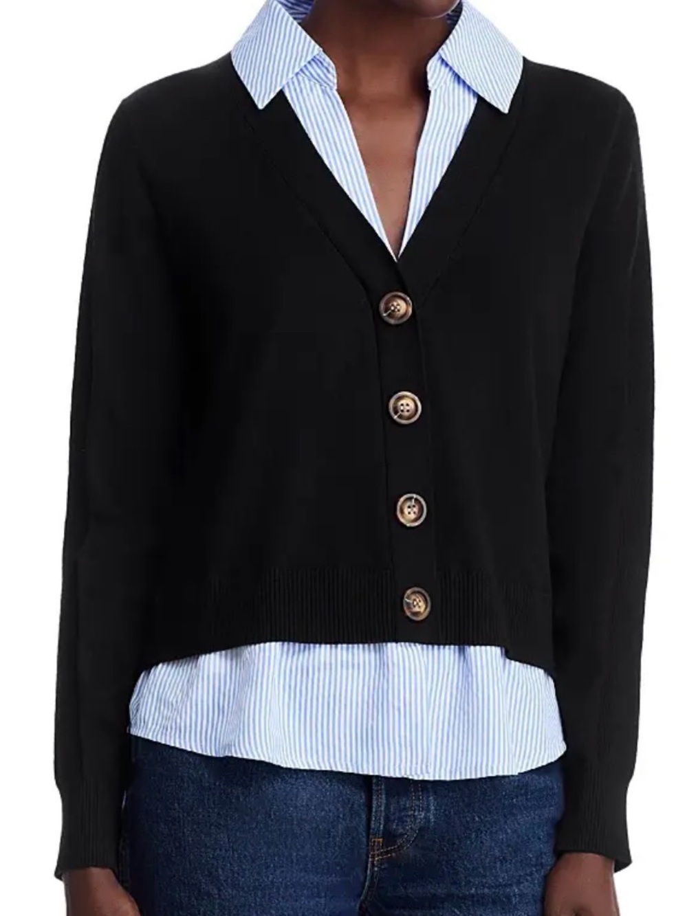 Sioni Milano Women's Mock 2-Piece Collared Layered Cardigan Black/Blue Striped M